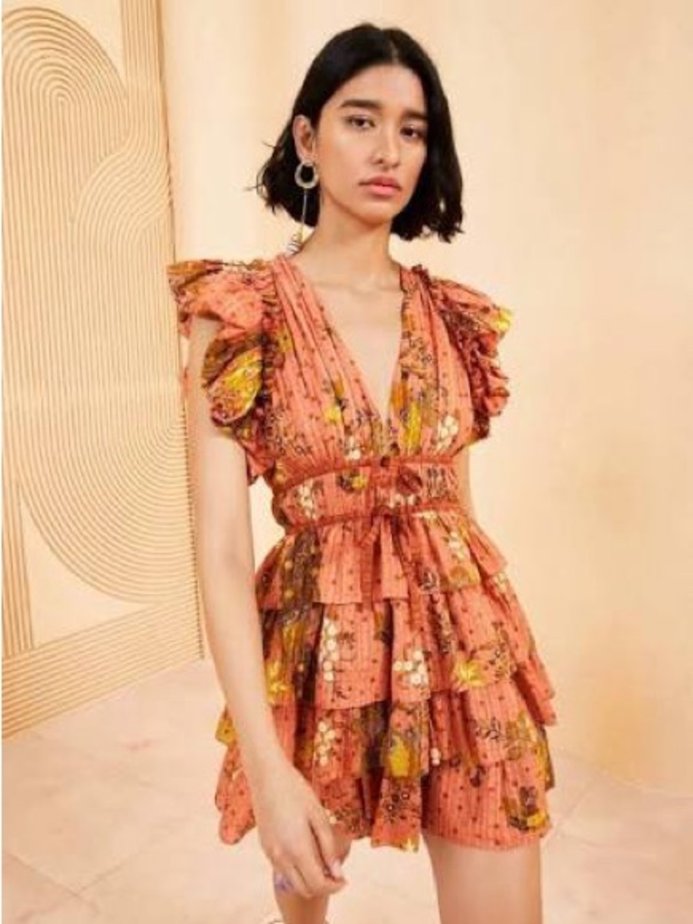 Ulla Johnson Coral Floral Ruffle Tiered Mini Dress